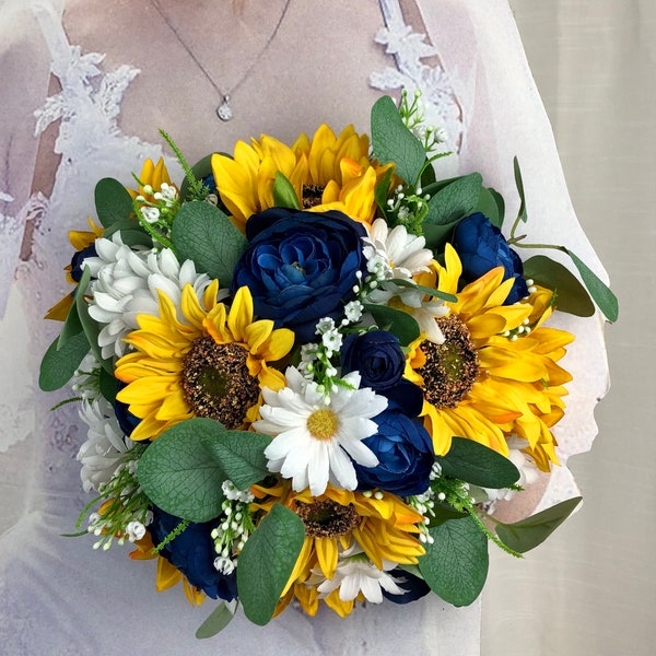 Budget Bridal Flowers, Daisy Sunflower and Navy Bridal Flowers, Artificial Wedding Bouquets, Sunflower Garden Wedding Theme