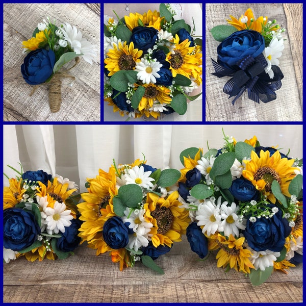 Rustic Sunflower Bridal Bouquet, Daisy Sunflower and Navy Bridal Flowers,  Daisy Sunflower Theme Wedding, Navy Garden Wedding Theme