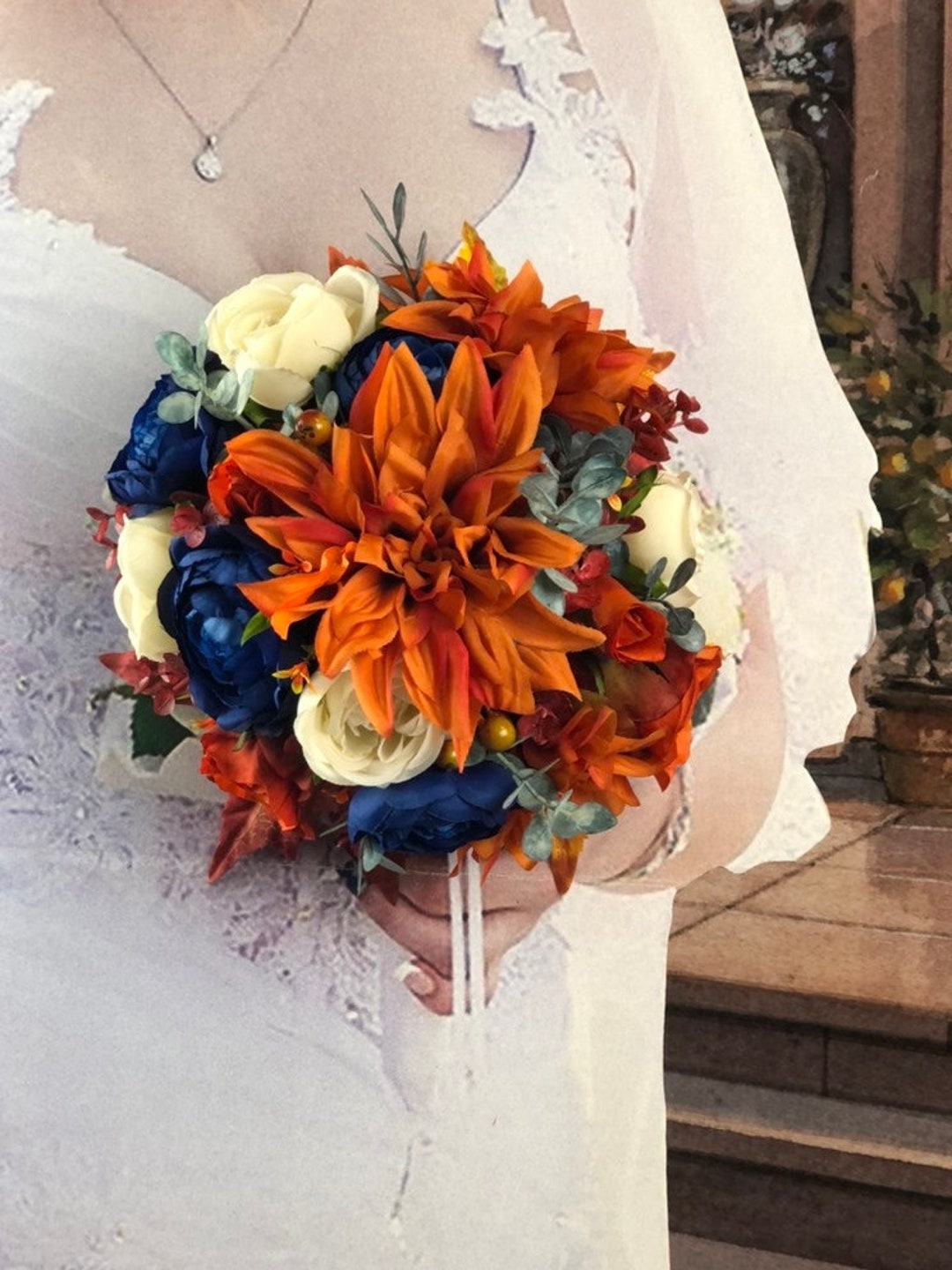 Artificial Navy, and Rust Fall in Love Bridal Bouquet Set, Rust Bridal