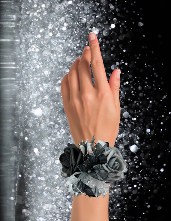 prom flowers for black and silver dress Glamour Triple Pink Foam Roses on Black with Silver Trim Prom Corsage Combo