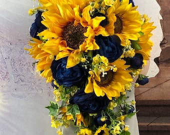 Artificial Navy and Sunflower Bridal Bouquet, Navy and Sunflower Bridal Flowers, Navy and Sunflower Wedding Flowers