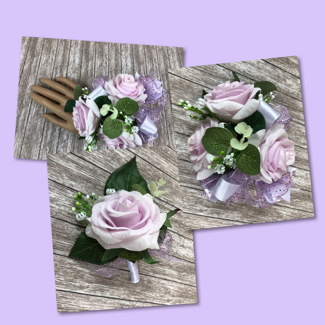 New Lilac Real Touch Rose Corsage, Lilac Boutonniere, Lilac Wrist