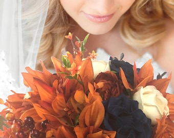 Rust and Navy Wedding Flowers Boho Bride's Bouquet with Rust and Navy Wedding Theme Burnt Orange and Navy Artificial Flowers Orange and Navy