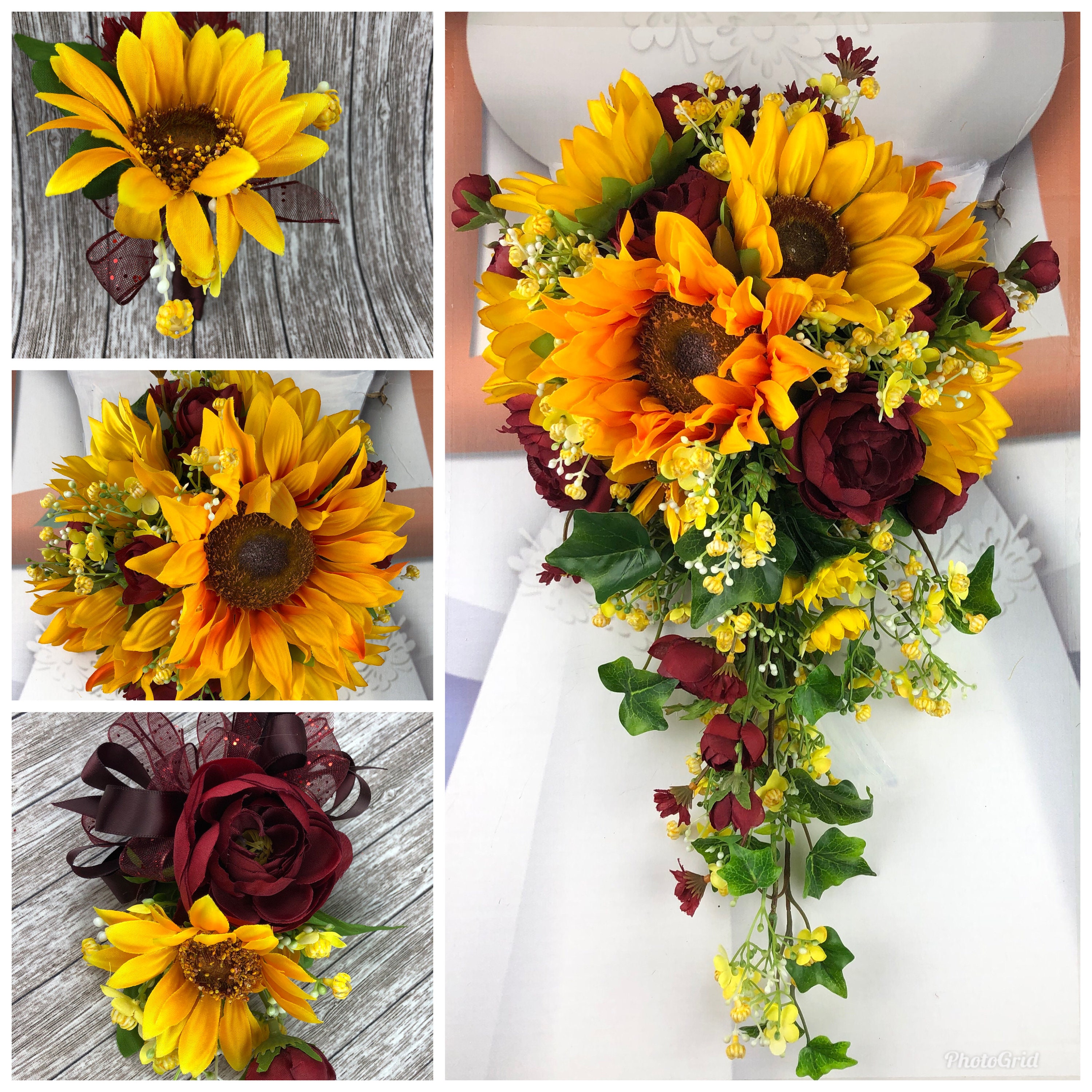 Wedding flowers package bridal bouquets sunflowers deep red burgundy 7 bouq...