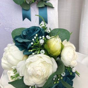 Teal Brides Bouquet Teal Roses White Peony Bouquet Peacock Bridal Bouquets Teal and White Wedding Flowers Teal Bridal Bouquet Small Teal Bouquet