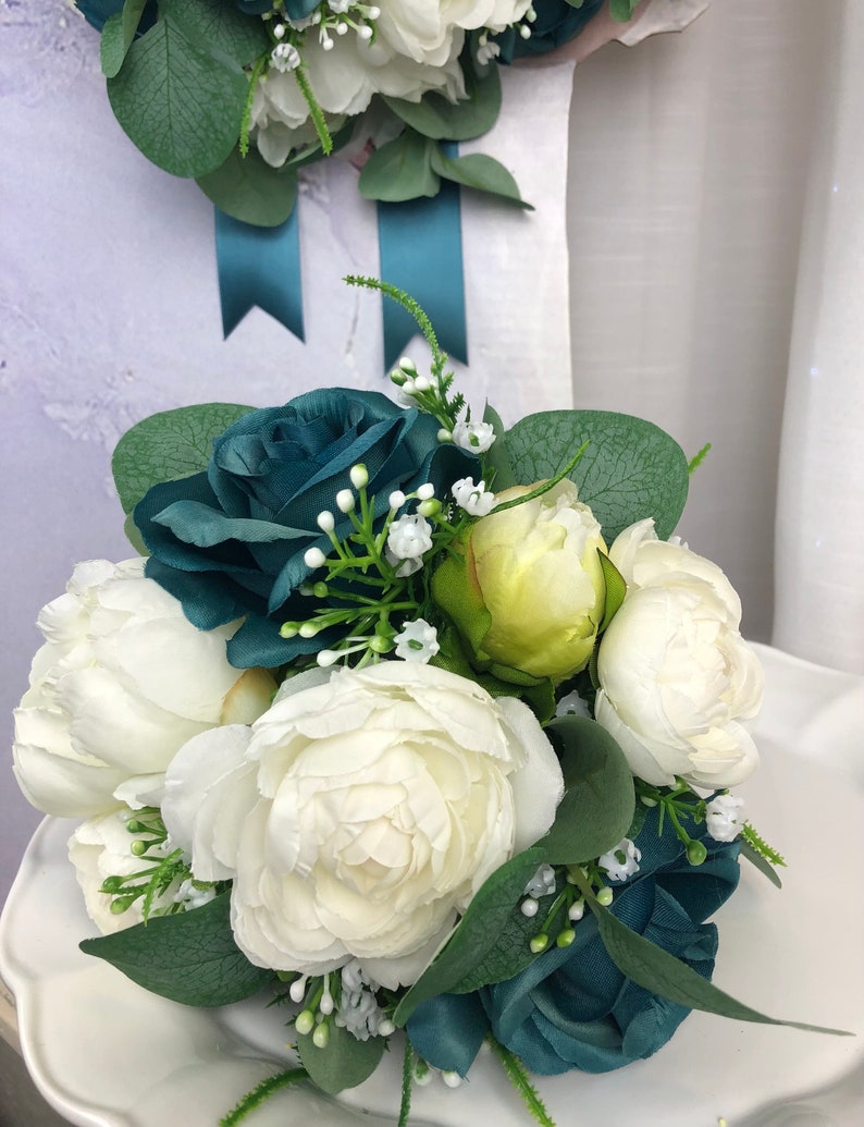 Teal Brides Bouquet Teal Roses White Peony Bouquet Peacock Bridal Bouquets Teal and White Wedding Flowers Teal Bridal Bouquet Small Teal Bouquet