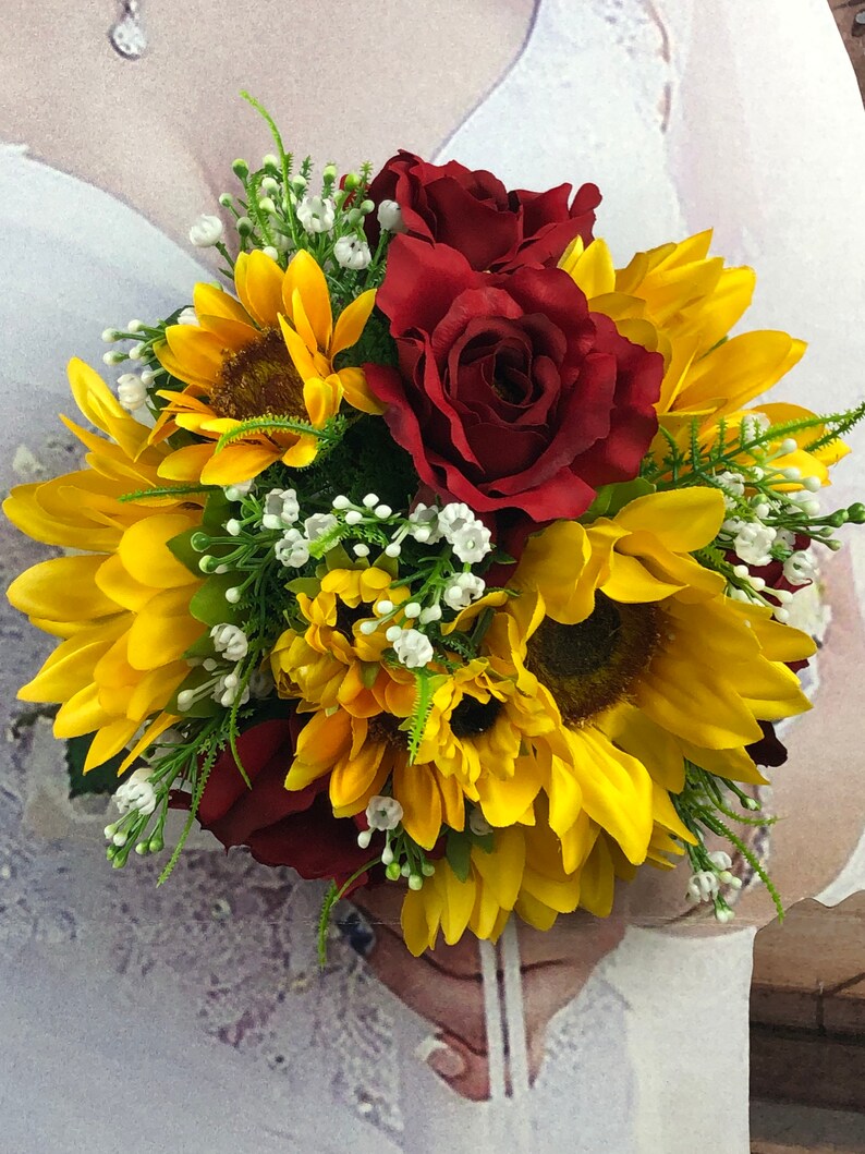 Artificial Red Rose Sunflower Bridal Bouquet Set Sunflower Etsy