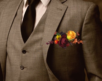 Burgundy Pocket Boutonniere Pocket Square Boutonnieres Orange Burgundy and Sunflower Wedding Bouquet Orange Fall Bridesmaid's Bouquet