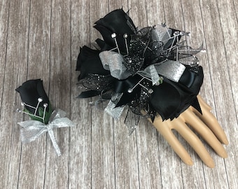 Black Rose Prom Corsage & Boutonniere Set: Silver Bling Flowers