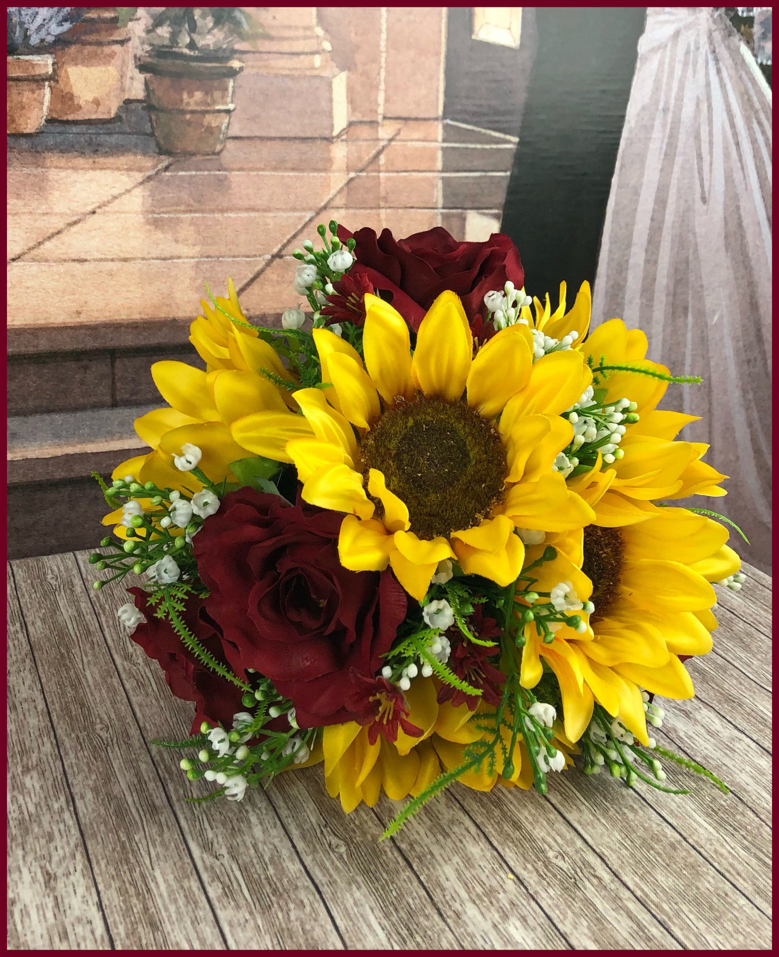 Artificial Burgundy Rose Sunflower Bridal Bouquet Set Etsy