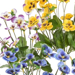 May include: A bouquet of artificial pansies in shades of blue, purple, and yellow. The flowers have a realistic appearance and are arranged in a cluster.