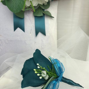 Teal Brides Bouquet Teal Roses White Peony Bouquet Peacock Bridal Bouquets Teal and White Wedding Flowers Teal Bridal Bouquet Teal Boutonniere