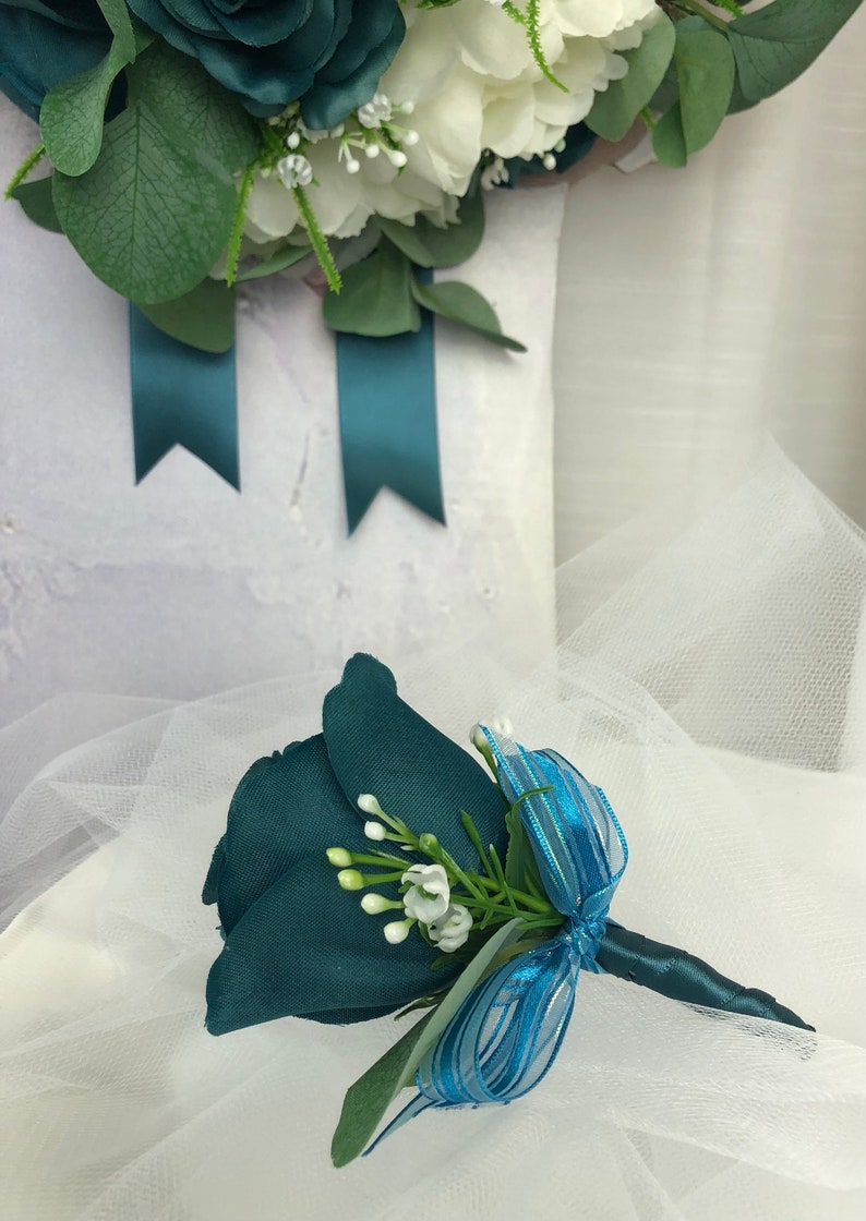 Teal Brides Bouquet Teal Roses White Peony Bouquet Peacock Bridal Bouquets Teal and White Wedding Flowers Teal Bridal Bouquet Teal Boutonniere