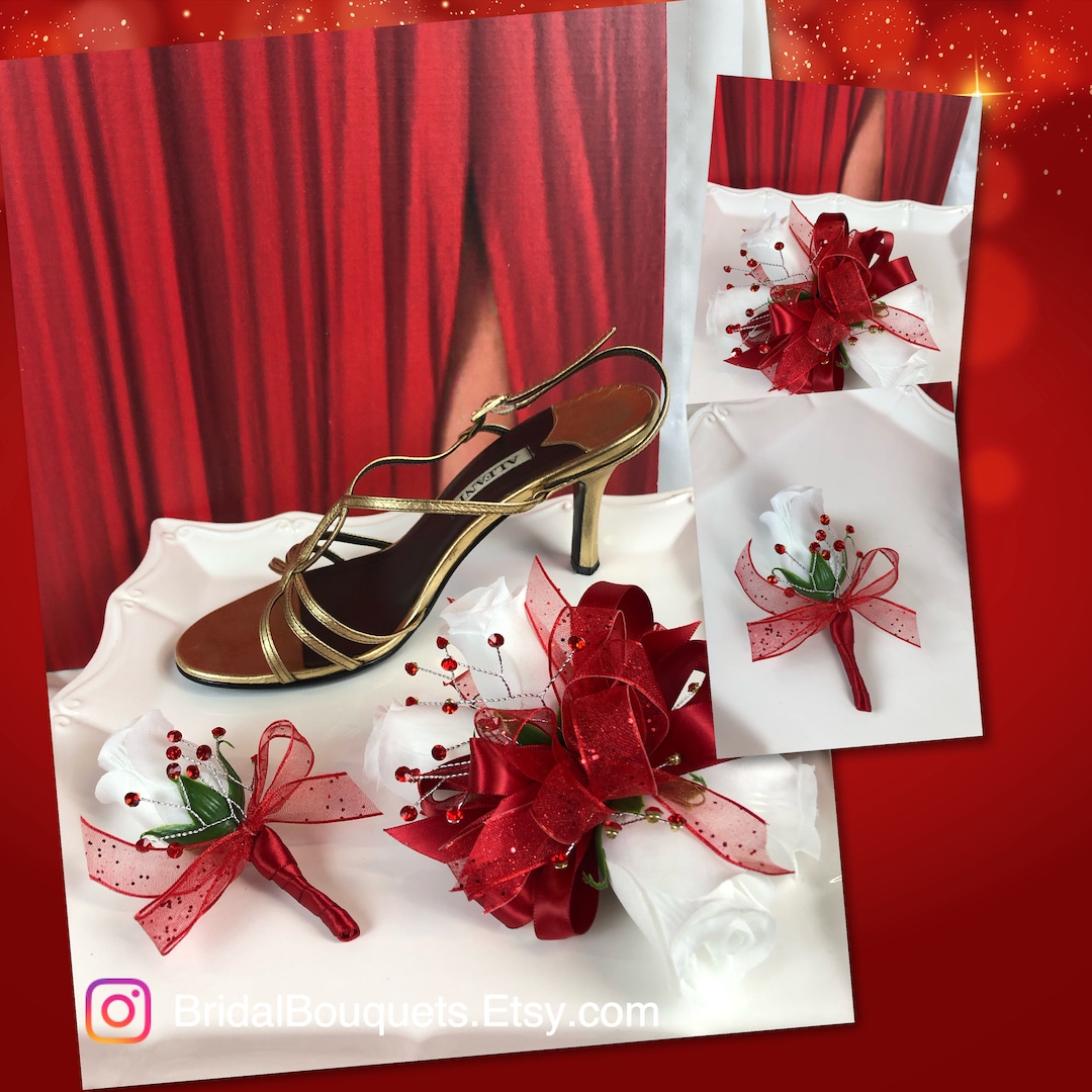 White and Red Prom Corsage Set, Red and White Corsage & Boutonniere