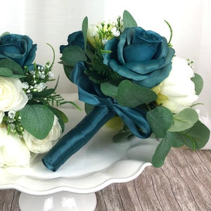 Teal Brides Bouquet Teal Roses White Peony Bouquet Peacock Bridal Bouquets Teal and White Wedding Flowers Teal Bridal Bouquet image 2