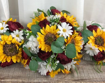 Rustic Sunflower Bridal Bouquet, Daisy Sunflower and Burgundy Bridal Flowers,  Daisy Sunflower Theme Wedding, Budget Bridal Bouquet