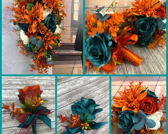 Artificial Rust and Teal Bridal Flowers, Orange and Teal Bridal Bouquets, Burnt Orange and Teal Wedding Flowers