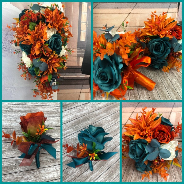 Artificial Rust and Teal Bridal Flowers, Orange and Teal Bridal Bouquets, Burnt Orange and Teal Wedding Flowers