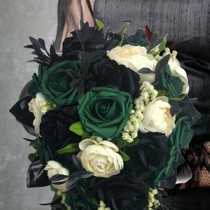 Black and Emerald Bridal Bouquet Goth Theme Emerald and Black Brides Bouquet Halloween Black Wedding Bouquet with Hunter Green