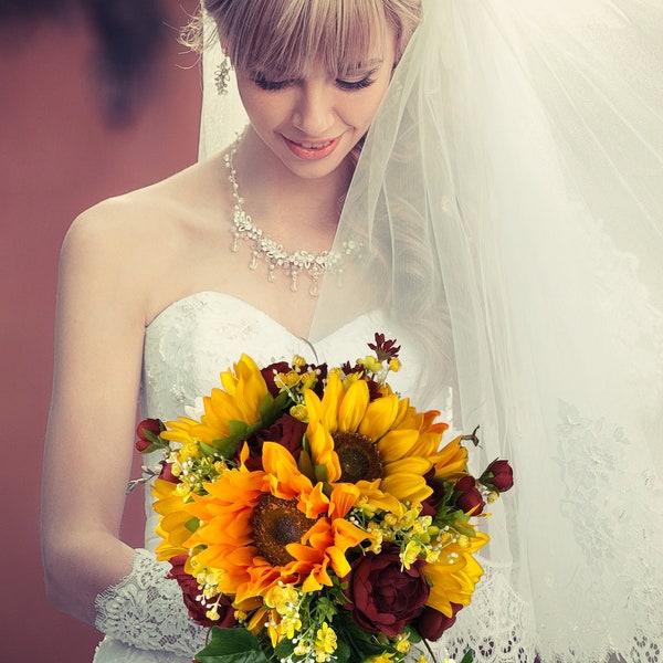 Burgundy Brides Bouquet with Sunflowers Rustic Wedding Bouquets with Burgundy Sunflowers Charm Bridal Bouquet Artificial Sunflowers