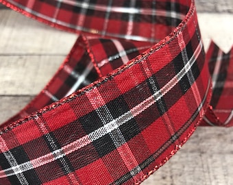 Tartan Christmas Ribbon with Metallic Silver 1-1/2" Christmas Craft Ribbon Black Red Silver Tartan Ribbon Wired Holiday Ribbon