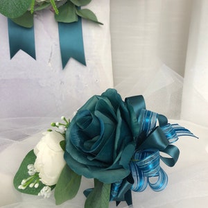 Teal Brides Bouquet Teal Roses White Peony Bouquet Peacock Bridal Bouquets Teal and White Wedding Flowers Teal Bridal Bouquet image 9