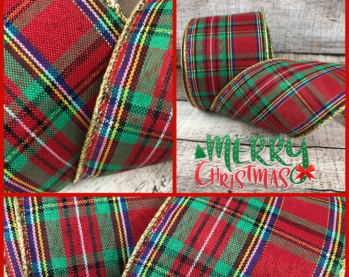 Tartan Christmas Ribbon With Metallic Gold 21/2 Christmas Craft Ribbon
