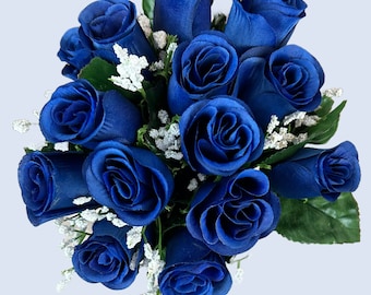Blue Rosebuds Fake Royal Blue Rose Bunch 14 Blue Rose Buds for Wedding Arrangements Royal Roses for Home Decor Roses Blue Faux Rose Buds