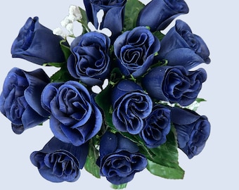 Navy Blue Rosebuds Fake Navy Rose Bunch 14 Blue Rose Buds for Wedding Arrangements Navy Roses for Home Decor RosesNavy Blue Faux Rose Buds