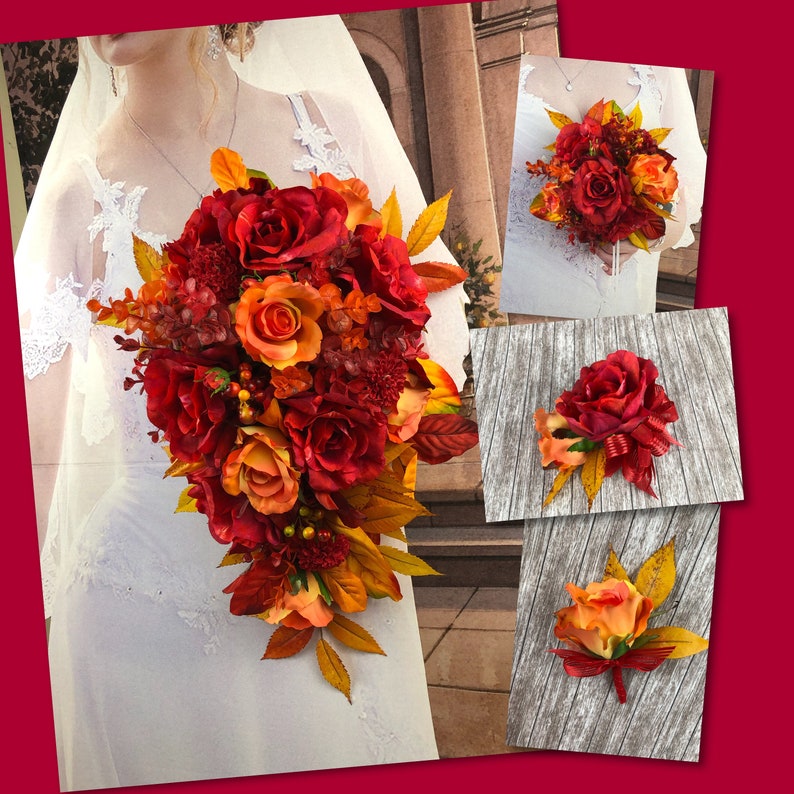 Artificial Red Fall in Love Rose and Sunflower Bridal Bouquet Set, Fall Bridal Flowers, Red Rose Wedding Flowers 