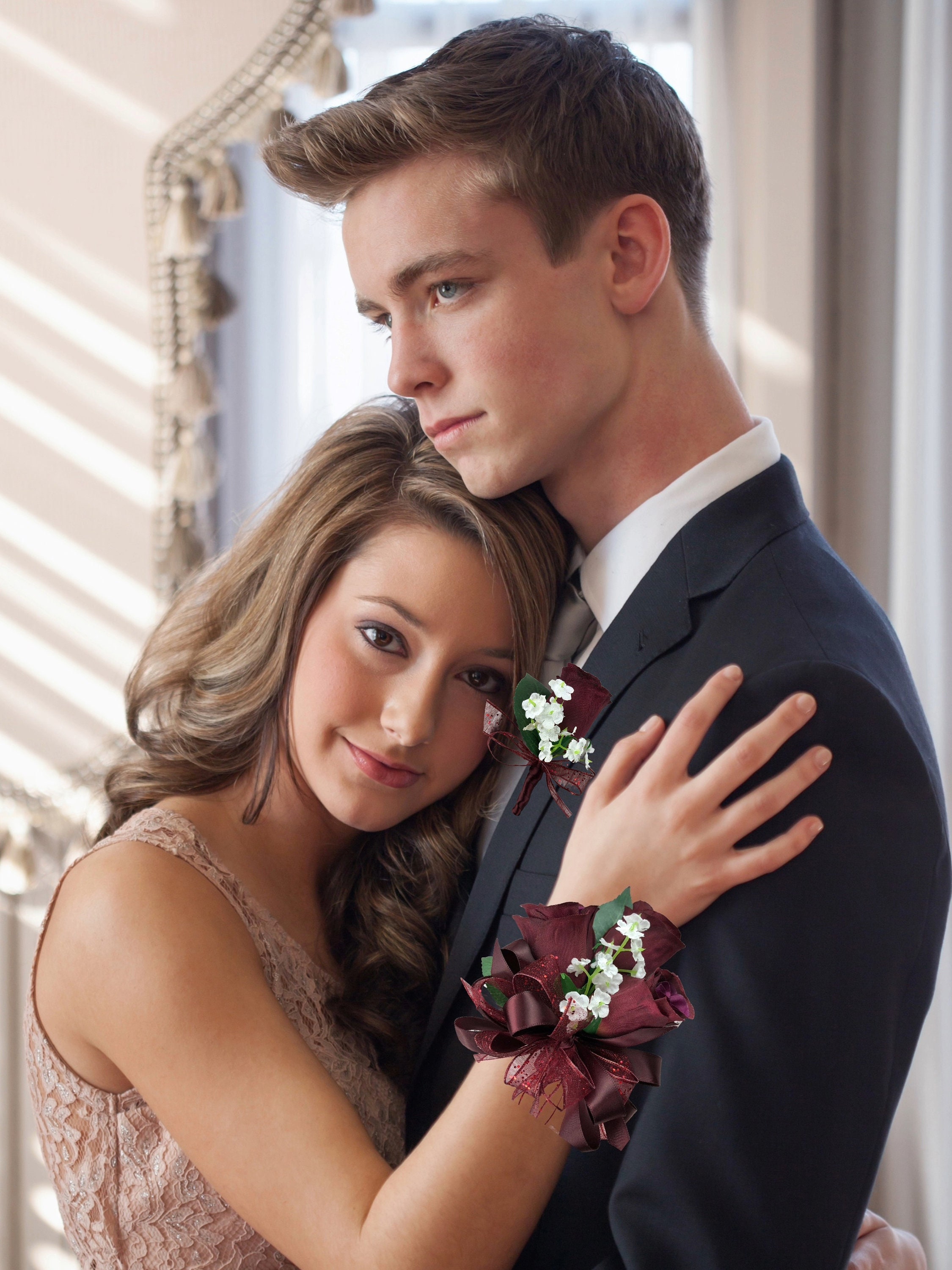 open lace back dress Burgundy Wrist Corsage