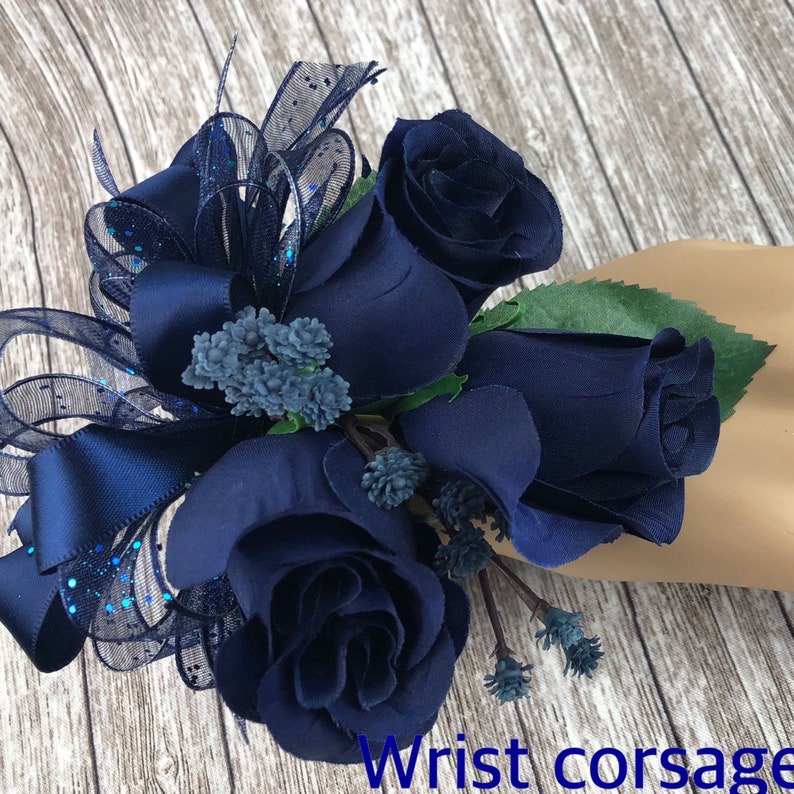 New Artificial Navy Rose Corsage, Blue Rose Mother's Corsage, Navy Boutonniere, Navy Prom Bout, Navy Prom Corsage Wrist Corsage