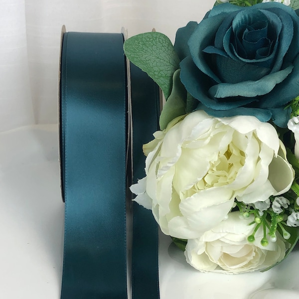 Offray Teal Double Faced Satin Ribbon, 1-1/2" or 5/8" wide Teal Satin Ribbon, Made in USA.