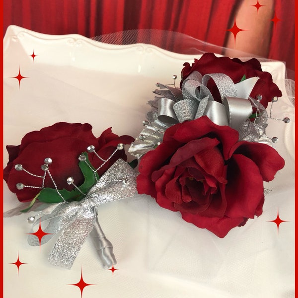 Red and Silver Prom Corsage Set |  Red Corsage | Red Boutonniere, Silver and Red Prom Flowers | Prom Corsage | Prom Bout |