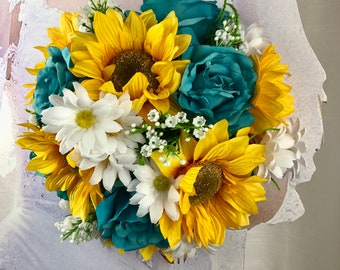 Turquoise Sunflower Bridal Bouquets, Jade and Sunflower Wedding Flowers, Turquoise Bouquet Sunflower Bouquet, Azazie Jade Color Bouquet