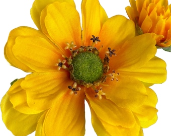 Faux Zinnia Stem Yellow Silk Zinnia Flower Stem for Wedding with 2 Zinnia Blooms & a Bud 25" Stem Yellow Silk Flower for Home Decor