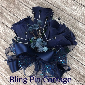 New Artificial Navy Rose Corsage, Blue Rose Mother's Corsage, Navy Boutonniere, Navy Prom Bout, Navy Prom Corsage Bling Pin Corsage