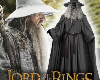 Gandalf Cosplay Kostüm Zauberer Robe Outfit, Grauer Zauberer Umhang Hut Stab Set, Halloween-Kostüm Männer, Comic Con Cosplay