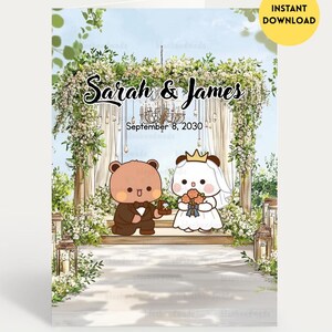 Personalize um cartão de casamento fofo com palco de casamento | Cartão de aniversário fofo | Cartão de presente para marido e mulher | Discurso de casamento do Urso Bubu Dudu