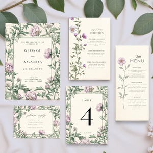 Jardim Romântico - Conjunto de convites para casamento ALL SET Botanical Rose Green com RSVP, reserva de data, cardápio e detalhes, placa de boas-vindas, número da mesa