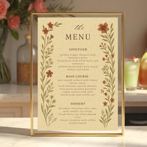 Florais e Elegância - Cardápio de Casamento Étnico Floral Boho Vintage para Aperitivo, Prato Principal e Sobremesa, Decoração Rústica para Recepção 5 x 7''