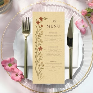 Florais e Elegância - Cardápio de Casamento Étnico Floral Boho Vintage para Aperitivo, Prato Principal e Sobremesa, Decoração Rústica para Recepção 4 x 9''