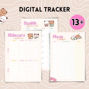 May include: Three printable digital trackers with cute cartoon bears. The trackers are for health, skincare, and sleep. The health tracker has sections for sleep, meals, fitness, and water. The skincare tracker has sections for morning and evening routines, with columns for steps, products, and days of the week. The sleep tracker has sections for day, hours of sleep, and quality.