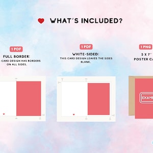 May include: A digital download of a printable card design with two options: full border and white-sided. The design includes a pink card with the text "EXAMPLE" on it. The card is 5 x 7 inches.