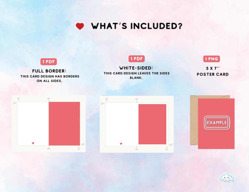 May include: A digital download of a printable card design with two options: full border and white-sided. The design includes a pink card with the text "EXAMPLE" on it. The card is 5 x 7 inches.