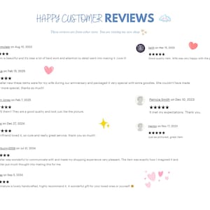 May include: A collection of positive customer reviews for a handmade item. The reviews highlight the quality, craftsmanship, and customer service of the seller. The reviews are accompanied by star ratings and dates.