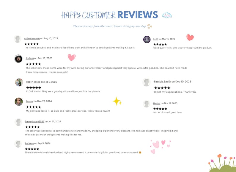 May include: A collection of positive customer reviews for a handmade item. The reviews highlight the quality, craftsmanship, and customer service of the seller. The reviews are accompanied by star ratings and dates.