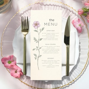 Jardim Romântico - Cardápio de Casamento Floral Vintage, Design Botânico Elegante com Flores em Tons Pastel Suaves para Recepção de Casamento e Decoração de Jantar 4x9'