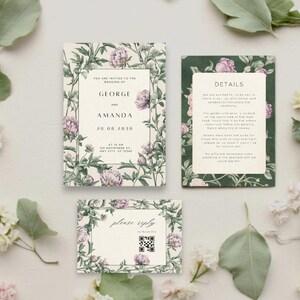 Romantic Garden - Botanical Rose Floral Wedding Invitation Suite with RSVP, Save the Date, Menu & Details