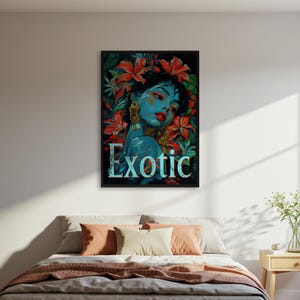 Exotische Frau Porträt Poster, Blaue Haut Rot Blumen Wand Kunst Druck, Tropisches Gemälde Dekor Poster, Stimmungs dunkel Botanisches Poster